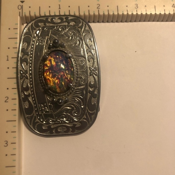 VTG Glass Opal Simulated Cabochon Floral Etched Silver Tone Buckle 2.8” x 1.7” - Picture 6 of 7